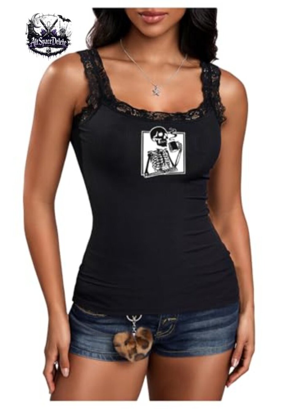 Gothic Skull Print Sleeveless Cami Lace Trim Rib Knit Camisole Top